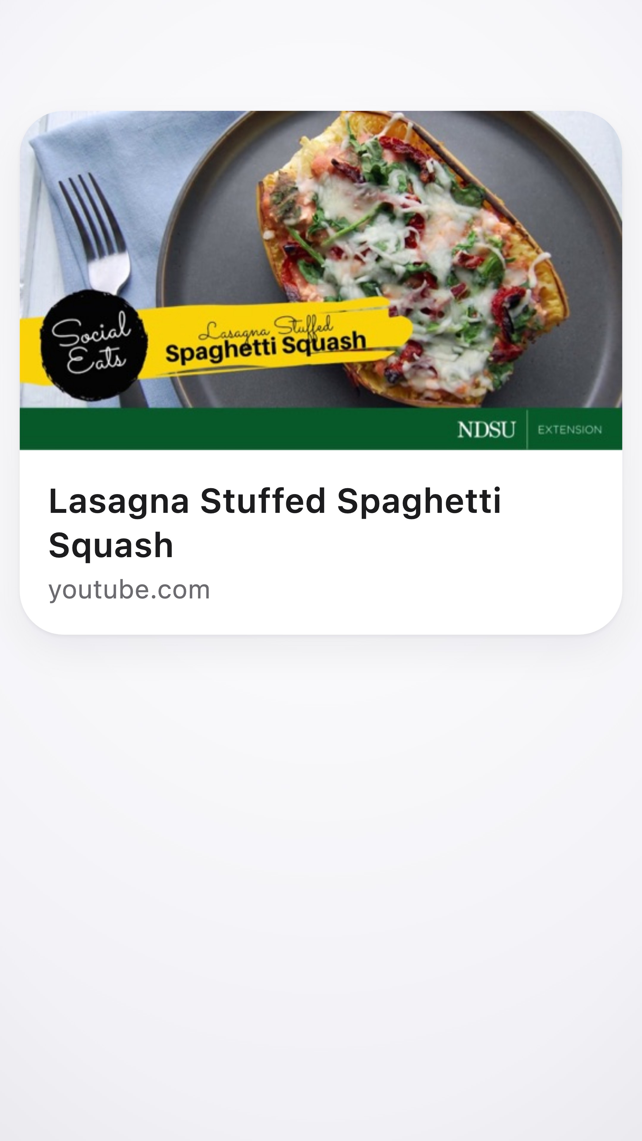 Lasagna Stuffed Spaghetti Squash, a video from youtube.com, as a card on its own, before the share sheet comes up.