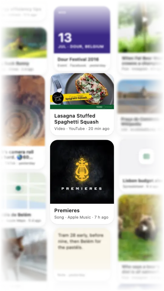 A wall of stashed cards at rest, with Dour Festival 2016, Lasagna Stuffed Spaghetti Squash and Premieres sharp in the middle and the rest soft around them.